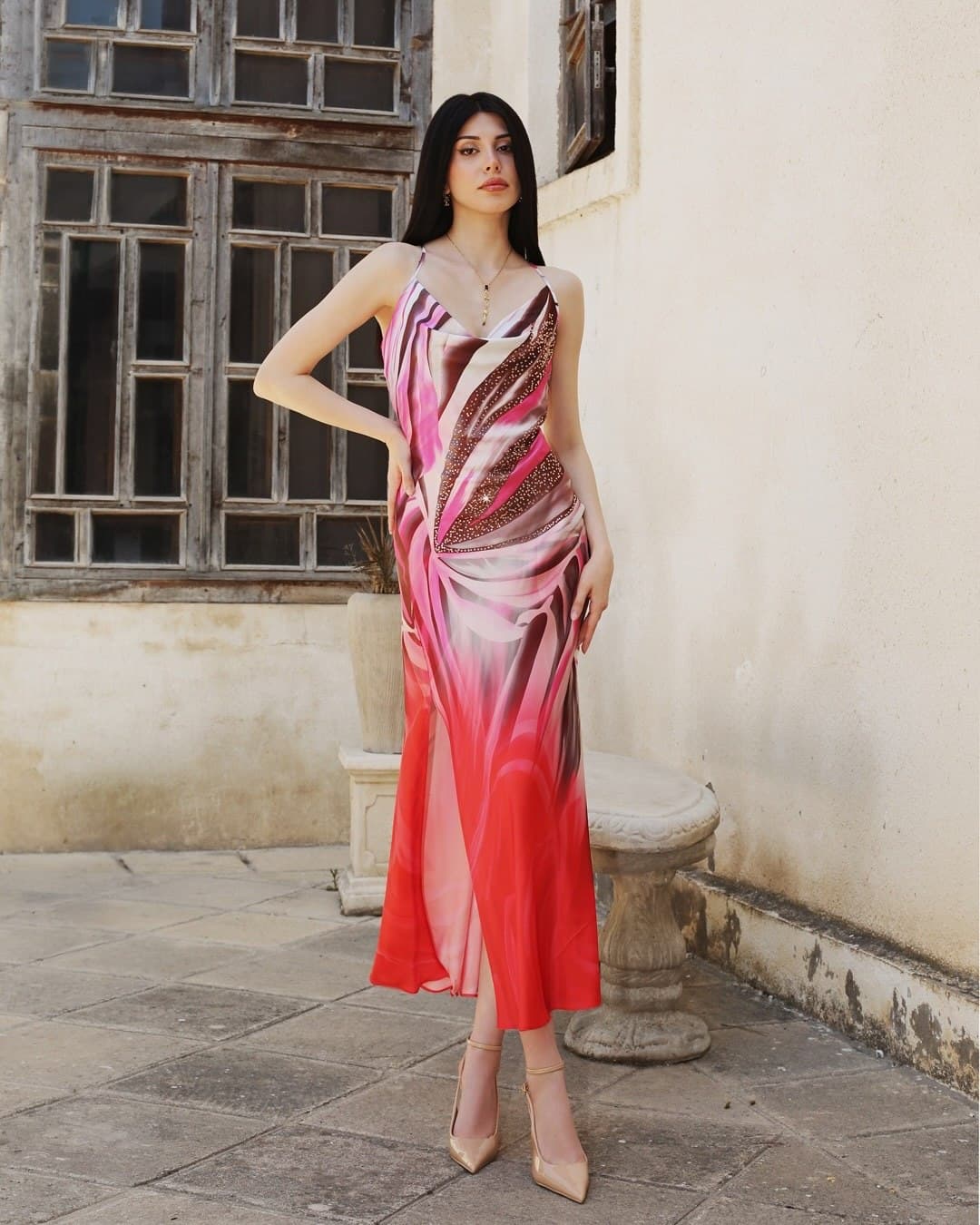 Abstract Rose Satin Dress